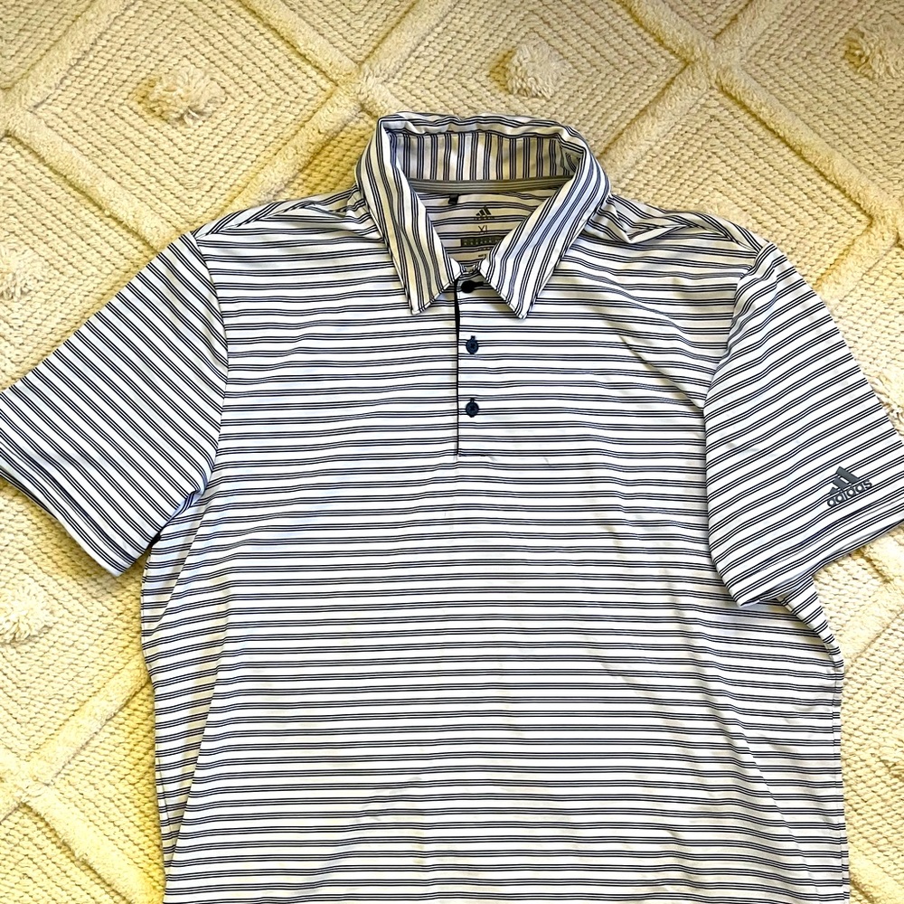 Adidas Black/White stripe dry-fit golf shirt. Size XL